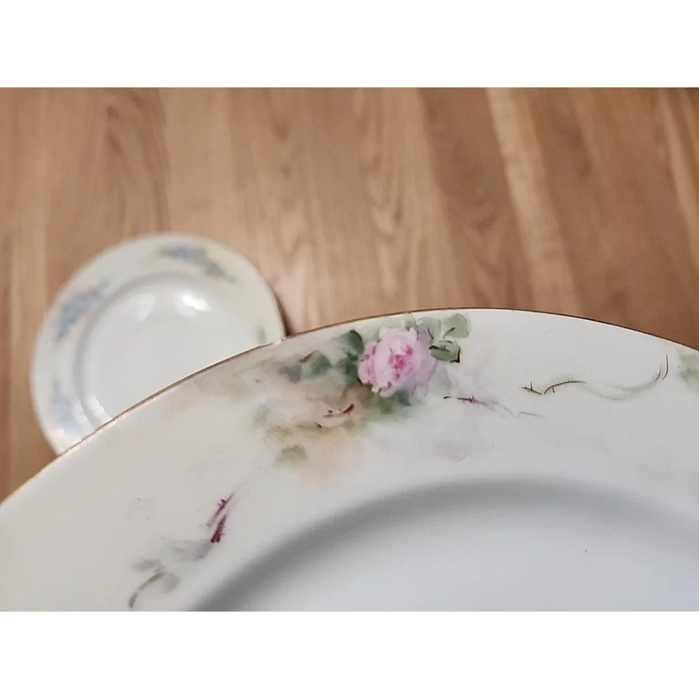 Antq (2) 1918 Haviland France Handpainted Blue Pink Roses Floral Plates Mismatch